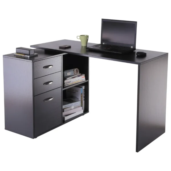 Corner PC Desk with 2 Drawers and Open Shelves, L-Shaped Corner Desk in Wood and Metal, 117x83. 5x76 cm, Black
