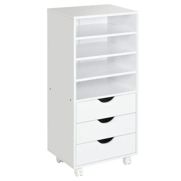 Office Drawer Unit with 4 Wheels 4 Shelves 3 Drawers, MDF Wood Document Cabinet, 38x40x86.8 cm, White