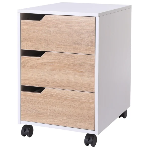 MDF chest of drawers with 3 drawers and wheels for office or white and wood study, 40x50x57.5cm