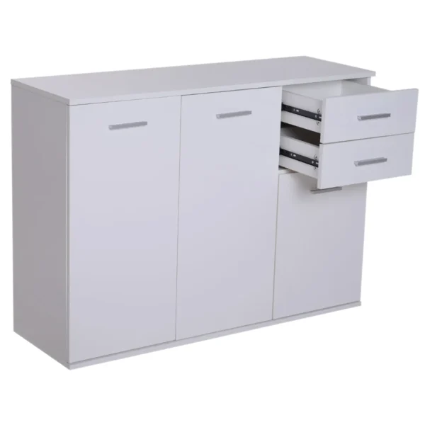 Cabinet with 3 doors and 2 trooped wooden drawers, white, 106x35x76cm