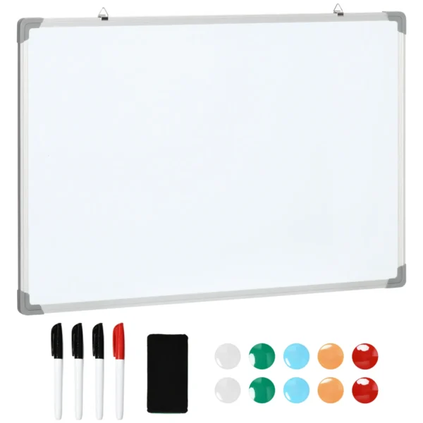 White Rectangular Magnetic Whiteboard with 4 Markers, 1 Eraser and 10 Magnets Included, 90x60x1.8 cm