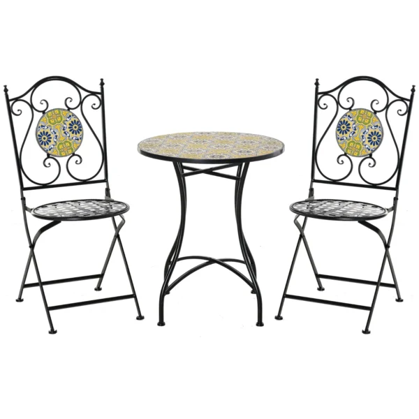MAIOLICA | Mosaic 3 Piece Balcony Table and Chair Set, Folding Metal Garden Set with Colorful Majolica, Multicolor