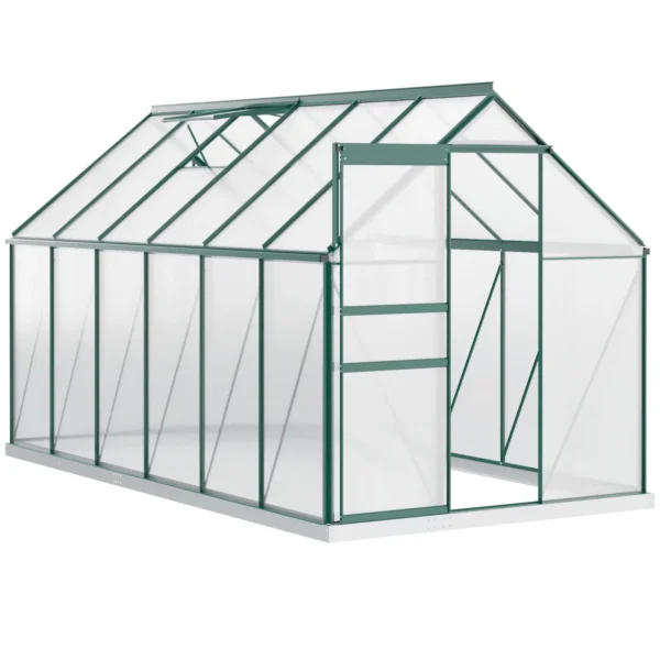 Polycarbonate Garden Greenhouse 190x375x199cm, with Opening Window and Sliding Door, Aluminum Frame, Green