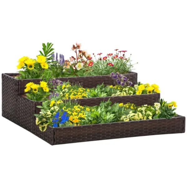 3-Tier Raised Garden Bed in Synthetic Rattan Without Bottom for Plants and Vegetables, 120x120x40cm, Grey
