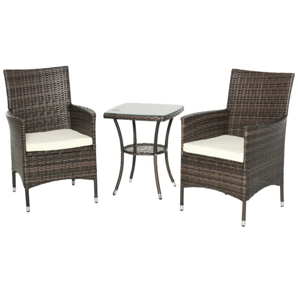 Rattan Garden Furniture Set, 3-Piece Table and 2 Chairs with Cushions, Brown