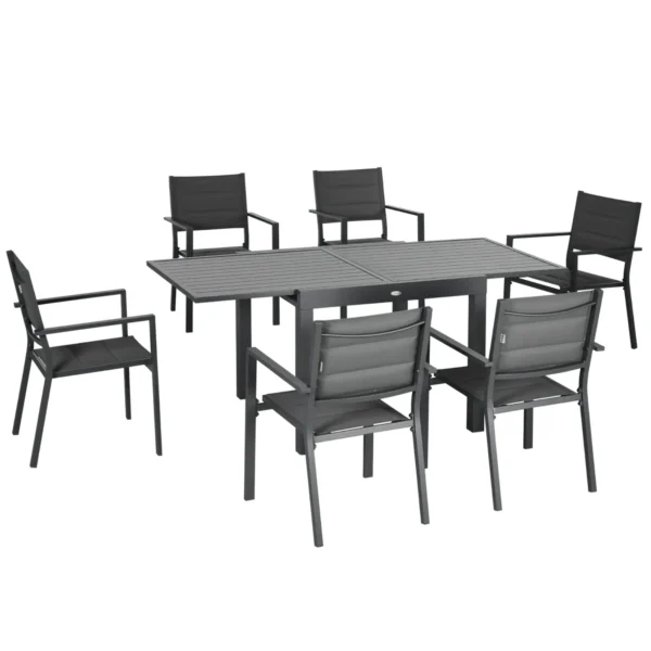 Extendable Aluminum Garden Table and 6 Chairs Set with Breathable Seat, Grey