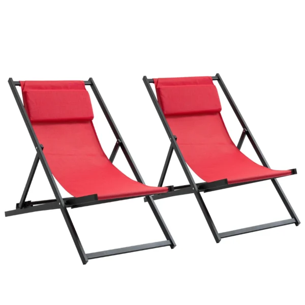 Set of 2 Outdoor Folding and Reclining Deck Chairs in Aluminum, Red, 96.5 x 58 x 91.5cm