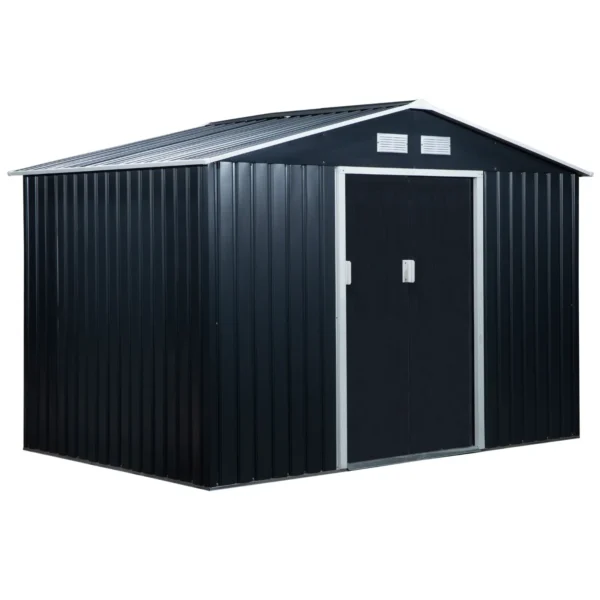 Garden Shed with Base and Double Sliding Doors, Steel Garden Shed, 277x195x192 cm, Dark Grey