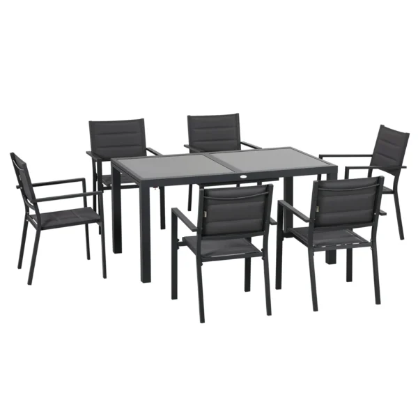 Extendable Glass Table and 6 Chairs Garden Set with Breathable Seat, Dark Grey