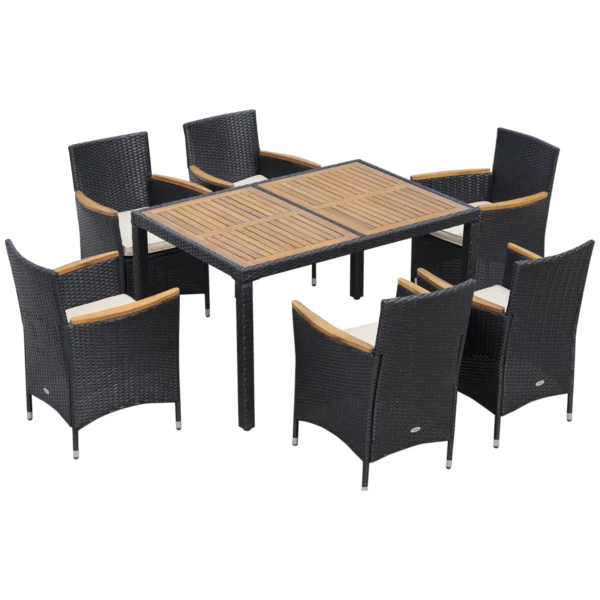 7-Piece Garden Table and Chair Set in PE Rattan and Wood with Soft Cushions, Black
