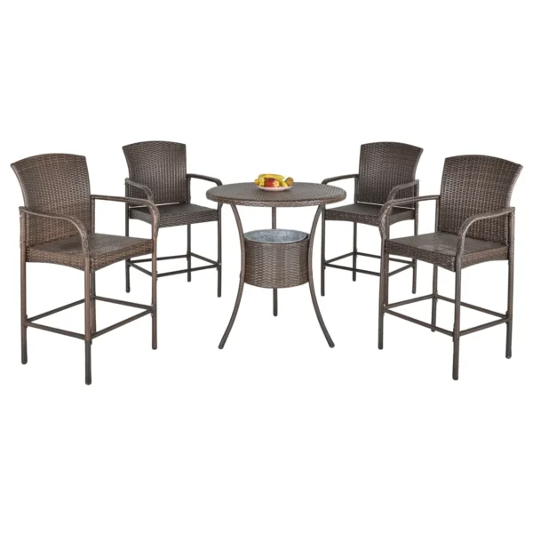 BUDAPEST |  5 Piece Garden Table and 4 High Chairs Set in Synthetic Rattan with Ice Bucket, Brown