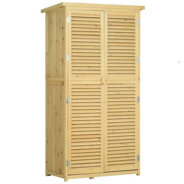 Fir and Pine Wood Garden Tool Shed with 4 Compartments, Outdoor Garden Tool Cabinet with Waterproof Roof, 87x46.5x160cm, Wood Color