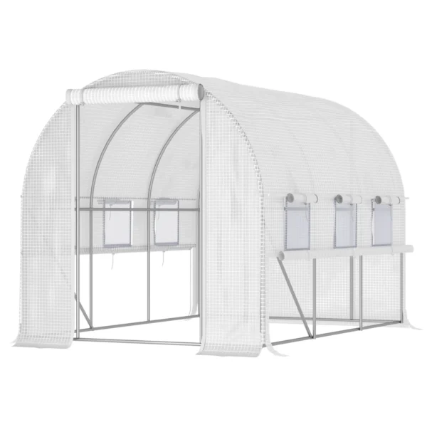3x2x2m Steel Greenhouse with PE Cover, Zip Doors and Mesh Windows, White