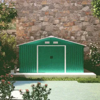 Garden Shed with 2 Sliding Doors and 4 Air Vents in Steel, 340x386x200cm, Green
