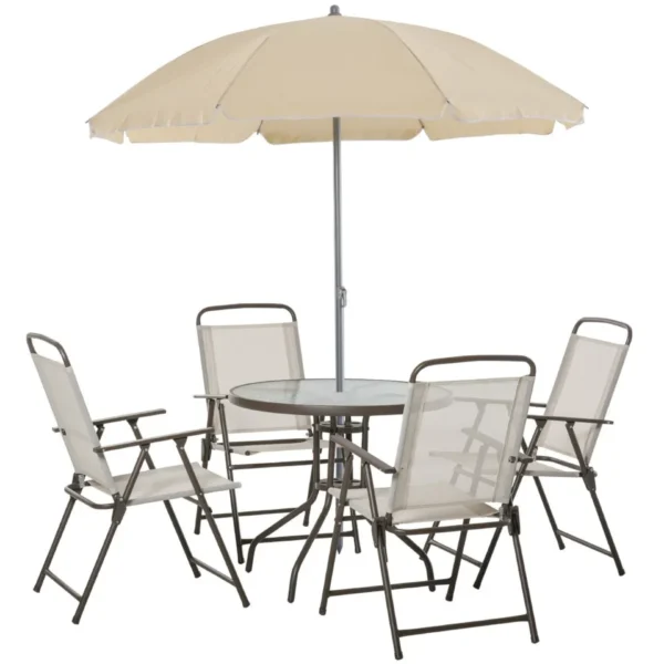 6-Piece Steel Pipe Garden Furniture Set, Garden Table with Chairs and Umbrella, Cream