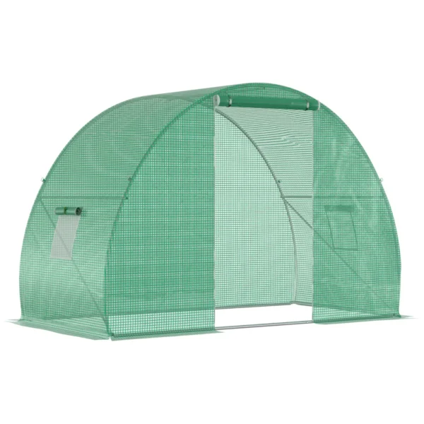 Tunnel Greenhouse with Roll-Up Door and Windows, PE Cover and Steel Structure, 1.5x3x2m, Green