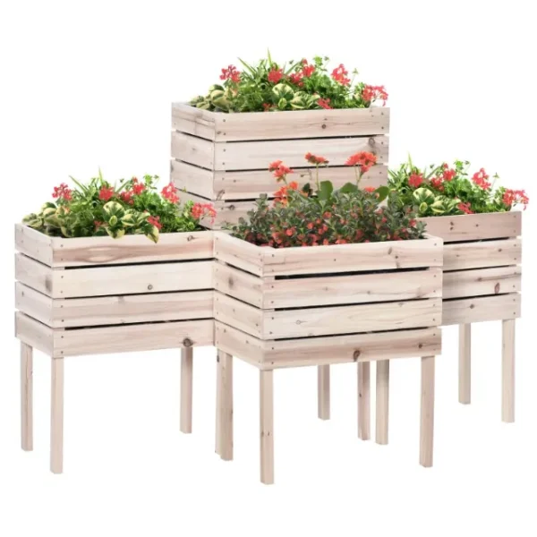 Raised Vegetable Garden Bed with 4 Plant Pots, 50x30x60cm, Natural Wood
