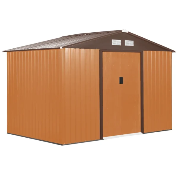 Garden Shed with Base and Double Sliding Doors, Steel Garden Shed, 277x195x192 cm, Yellow