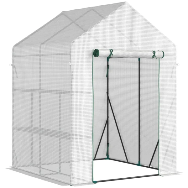 Outdoor Garden Greenhouse in Steel and PE with 2 Shelves and Roller Door, 143x143x195 cm, White