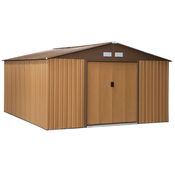Garden Shed with 2 Sliding Doors and 4 Vents in Steel, 340x386x200cm, Yellow