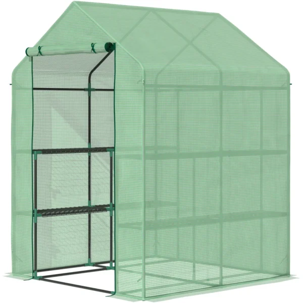 Garden Greenhouse with Shelves, PE Cover and Roll-Up Door, 143x138x190 cm, Green