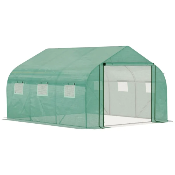 Tunnel Greenhouse with PE Cover and Steel Structure, Roll-Up Door and 6 Windows, 3.5x3x2m, Green
