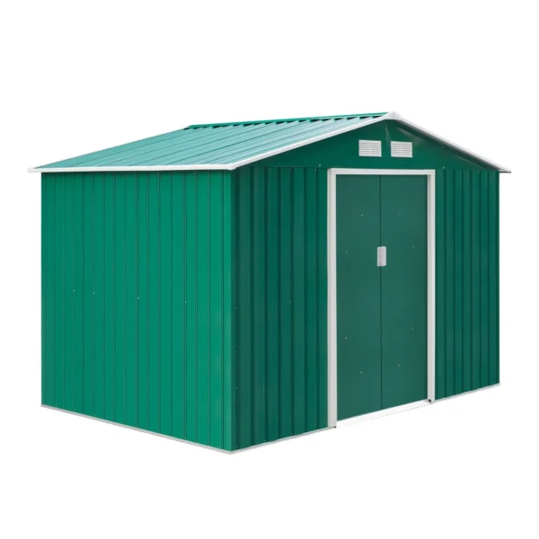 Garden Shed with Base and Double Sliding Doors, Steel Garden Shed, 277x195x192 cm, Dark Green