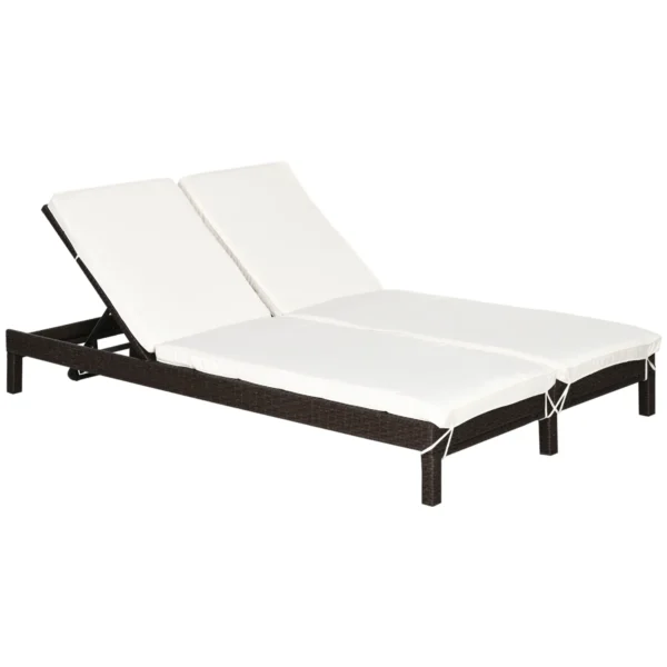 Double Seater Sun Lounger, Steel and Rattan Deckchair, Adjustable Backrest, 196 x 120 x 28cm Brown and Cream White