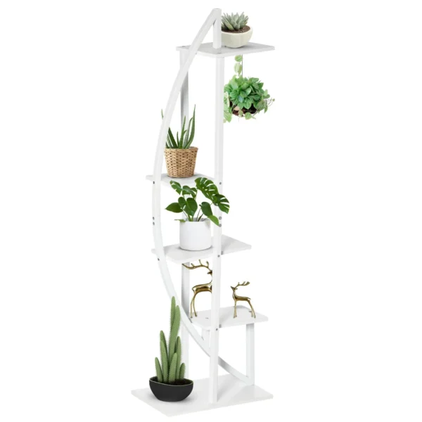 5-Tier Crescent-Shaped Indoor/Outdoor MDF and Steel Flower Stand, 50x30x160cm, White