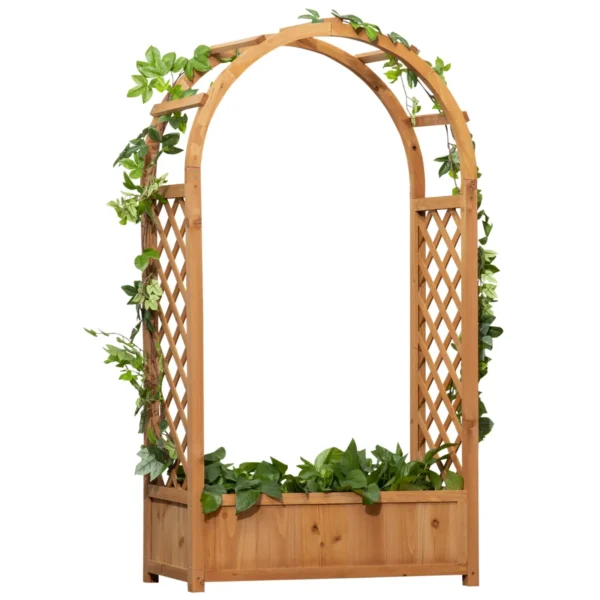 Outdoor Hollow Bottom Planter in Brown Fir with Decorative Arch and Trellis for Climbing Plants, 83x36x152 cm