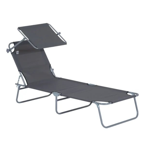 Garden Sun Lounger, Folding and Adjustable Deck Chair with Grey Fabric Canopy, 187x58x36cm
