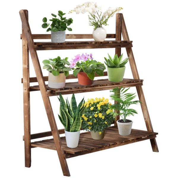 Folding Plant Stand Fir Wood Plant Pot Holder with 3 Tiers Outdoor Plant Shelf Flower Stand 100x37x93cm