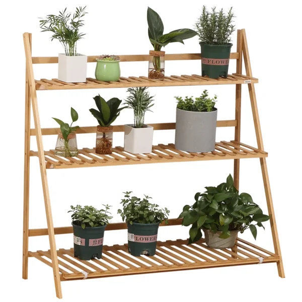 3 Tier Bamboo Outdoor Planter with Raised and Folding Design, 98x37x96.5 cm, Wood Color