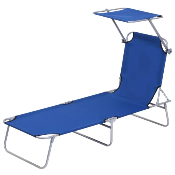 Garden Sun Lounger, Folding and Adjustable Deck Chair with Blue Fabric Canopy, 187x58x36cm