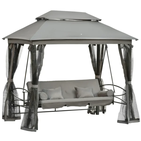 3-Seater Garden Swing, Lounger and Gazebo, 3-in-1 Design with Canopy, 256x172x248 cm, Dark Grey