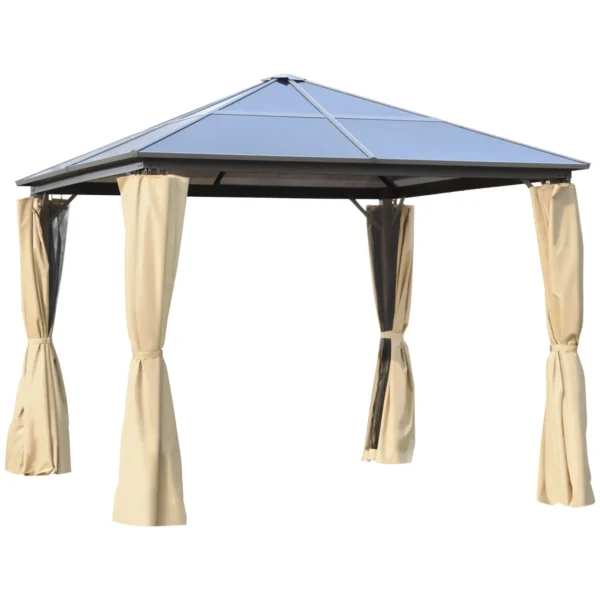 3x3m Garden Gazebo with Polycarbonate Roof and Mosquito Nets, Coffee and Khaki