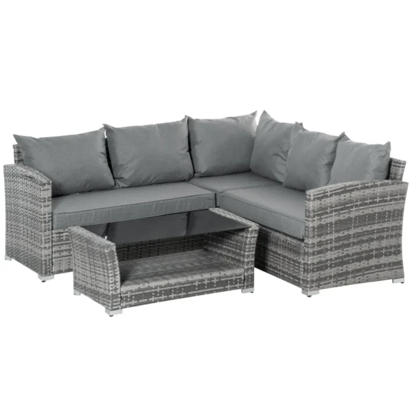 4-Piece PE Rattan Garden Furniture Set, Corner Sofa and Glass Coffee Table, Padded and Removable Cushions, Grey