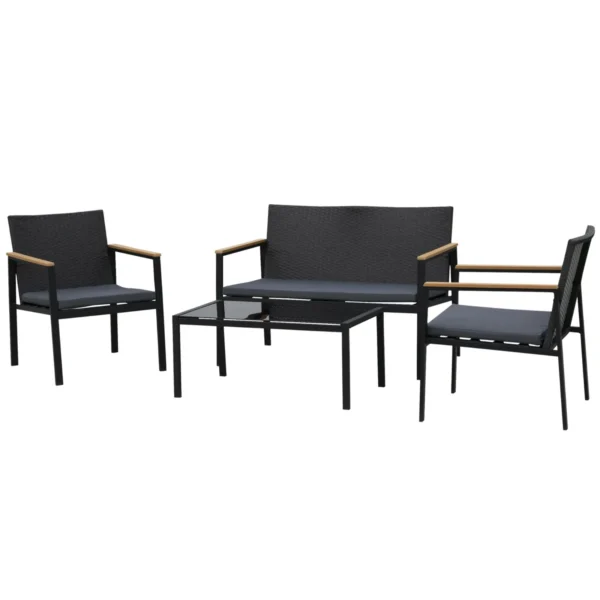4-Piece Outdoor Lounge Set with 2 Chairs, Sofa and Coffee Table, Garden Furniture in Rattan and Black Steel
