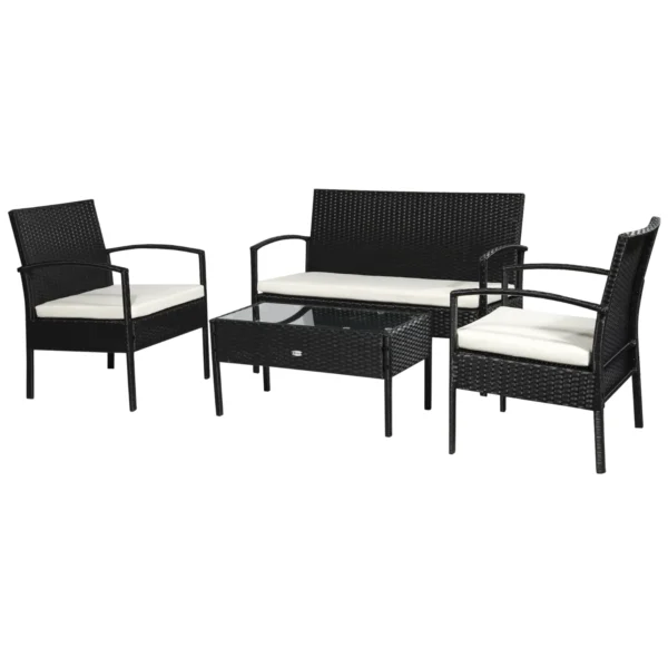 Outdoor Set 4 Piece PE Rattan with Garden Table, 2 Armchairs and 2 Seater Sofa, Black and Cream