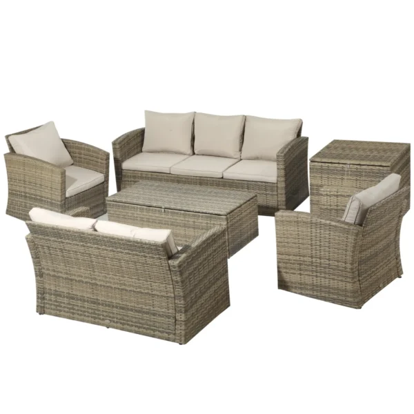 Garden Furniture Set 6 Piece Rattan Garden Furniture Set with Sofas, Armchairs and Storage Tables, Beige