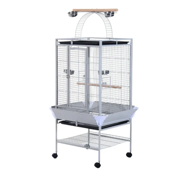 Bird Cage with Wheels Height 161.5cm, Steel Trays and Wooden Perches, Silver