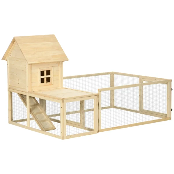 Indoor Rabbit Hutch in Fir Wood with Removable Tray, 3 Doors and Outdoor Area, 151.5x106x97 cm