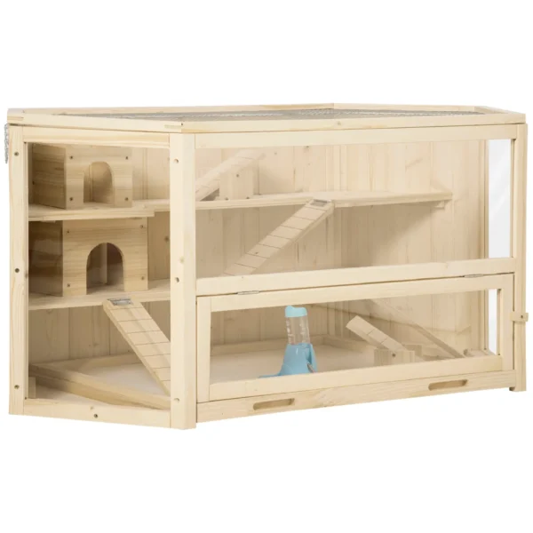 3-Tier Wooden Hamster House with Opening Roof and Transparent Wall, 115x60x55cm