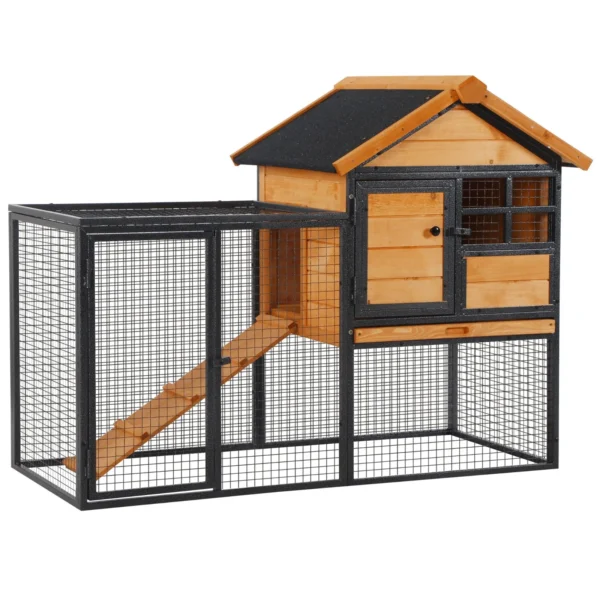 Rabbit Cage with House, Ramp and Open Area, Light Yellow Wooden and Metal Rabbit Hutch, 122x63x92cm
