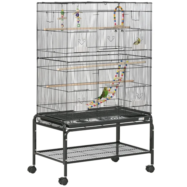 Steel Bird Cage with Perches, Toys, Food Containers and Tray, 79x49x133 cm, Black
