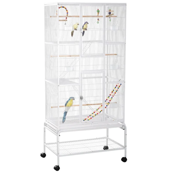 Bird Cage in Steel and PP with Perches, Toys, Food Containers and Tray, 83x53x180 cm, White