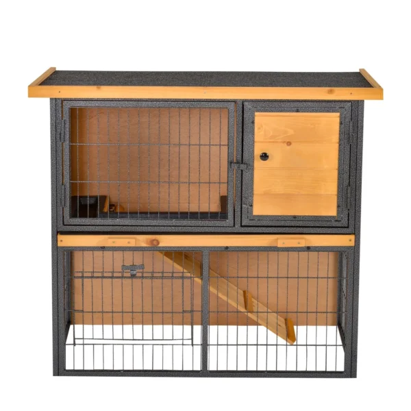 Rabbit Cage with Ramp and Open Area, 2-Tier Wooden and Metal Rabbit Hutch, Light Yellow, 89.5x45x81cm