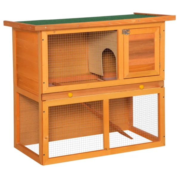 Two-Story Rabbit Hutch, Outdoor Rabbit Hutch with Spruce Wood House, 90x45x80 cm