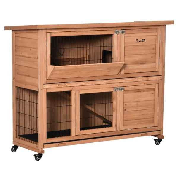 2-Tier Wooden Rabbit Hutch with Wheels, Pull-Out Tray and Ramp, 122x50x101cm