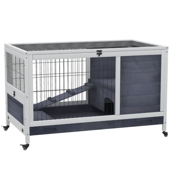 Rabbit and Guinea Pig Cage with 4 Wheels, House and Ramp, Natural Wood, Grey and White, 90x53x59cm